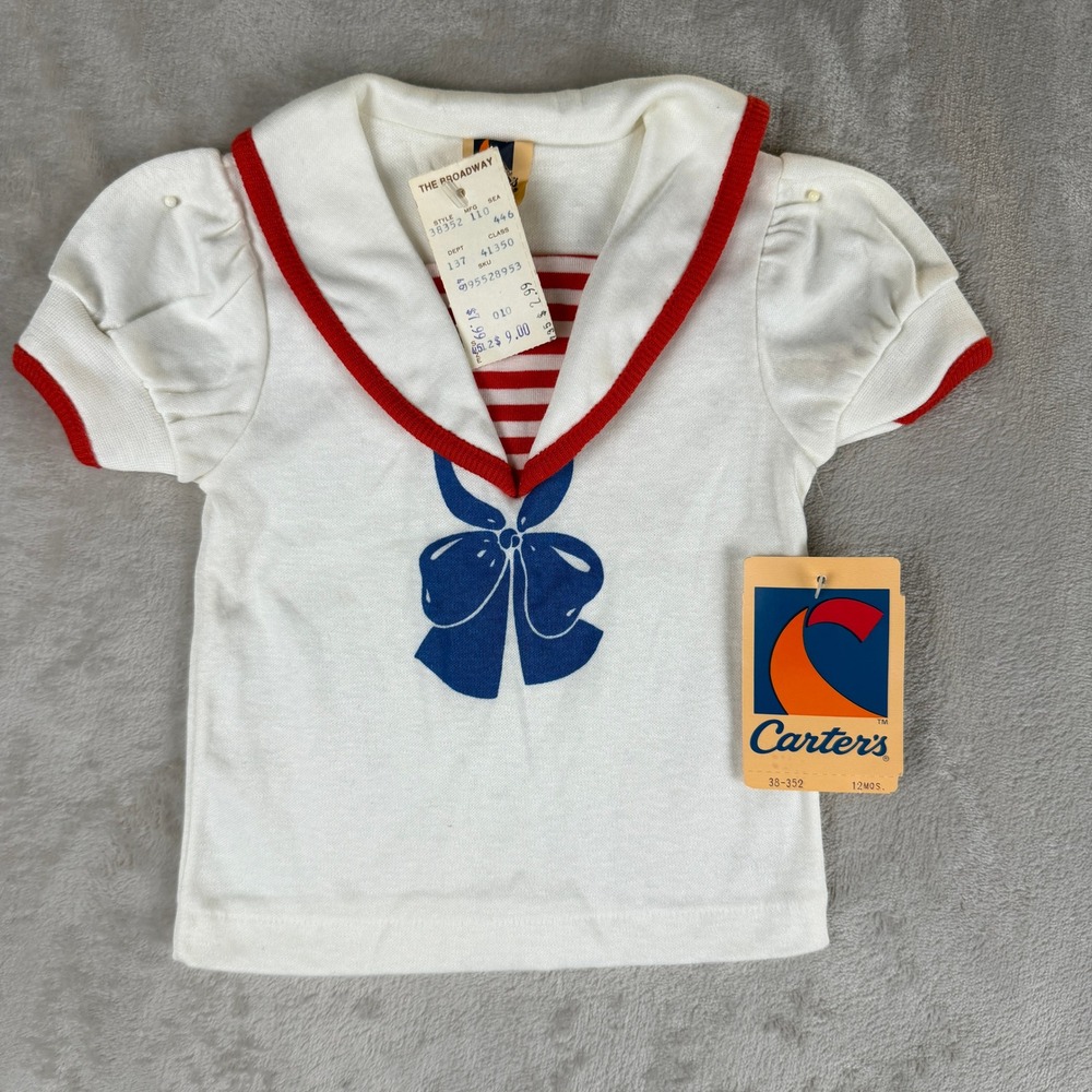Vintage Carters Baby Girl Sailor Shirt 12 Months White Red Blue Nautical NWT